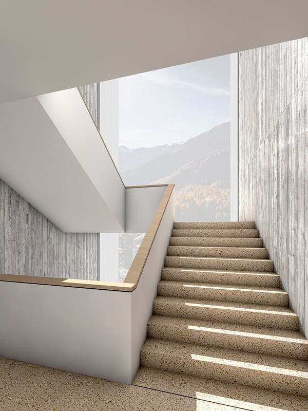 Nimbus Architekten Michael Bühler Lukas Schaffhuser Schulanlage Walka mit Auditorium Zermatt Innenperspektive Treppe 2